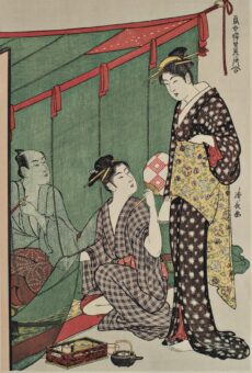 Uliyo-e -Schöne Prostituierte im Rotlichtviertel in und außerhalb eines Moskitonetzes +-